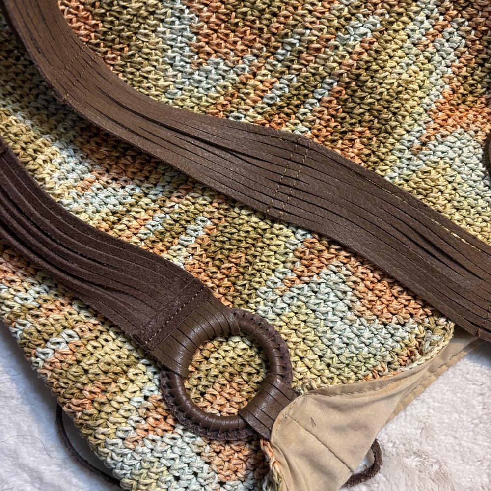 Express Knit Boho Bag Cream Orange Green Yellow Hobo Shoulder Bag Brown Straps - Picture 13 of 16